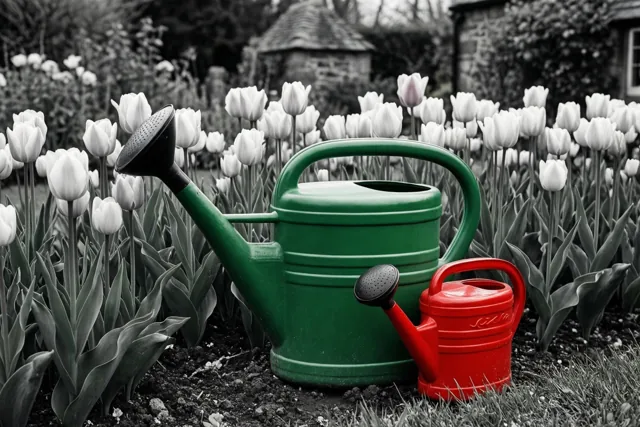 Een grote groene en een kleine rode gieter staan tussen witte tulpen, met de gieters in kleur en de rest van het beeld in zwart-wit.