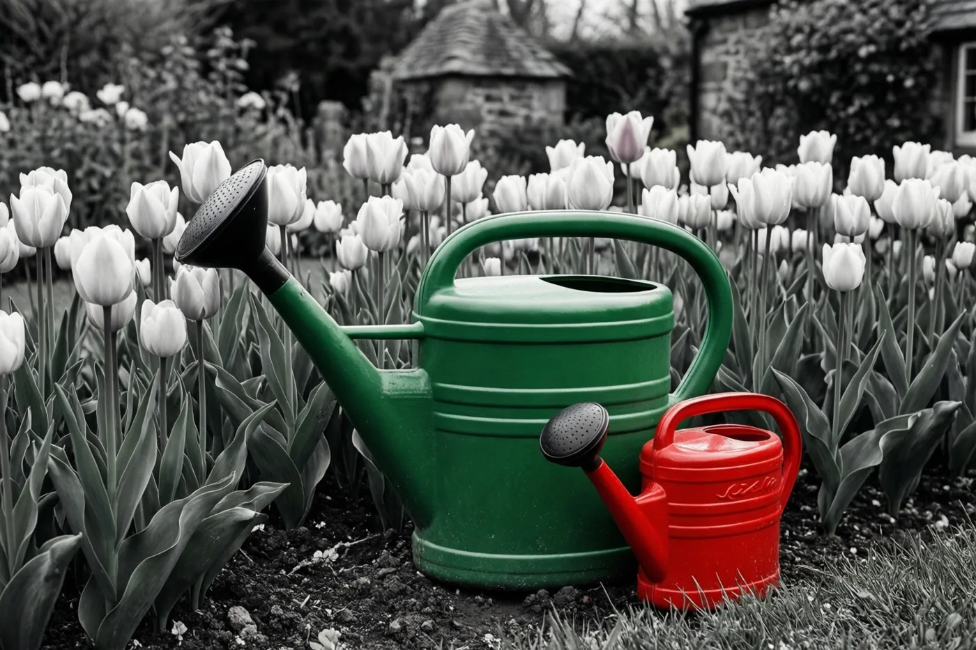 Een grote groene en een kleine rode gieter staan tussen witte tulpen, met de gieters in kleur en de rest van het beeld in zwart-wit.