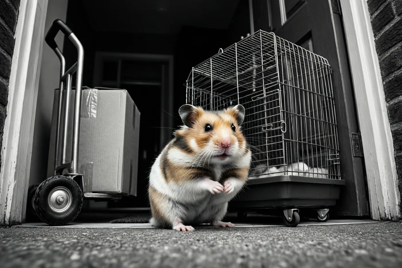 Een bruin-witte hamster zit op een drempel naast een kooi op wielen en een steekwagen met een doos, waarbij alleen zijn vacht in kleur is weergegeven.