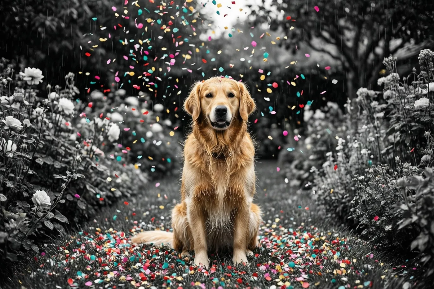 Een golden retriever zit in een tuin onder vallende confetti, waarbij de hond en de snippers warm gekleurd zijn tegen een zwart-witte achtergrond.