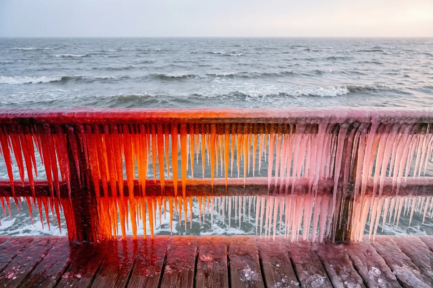 Rode, oranje en roze ijspegels hangen aan de houten leuning van een pier boven een grijze, golvende zee onder een bleke hemel.