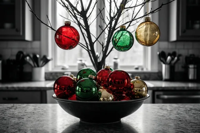 Een zwarte schaal met rode, groene en gouden glazen kerstballen staat op een keukenwerkblad voor kale takken met drie hangende ornamenten, in een verder zwart-witbeeld.