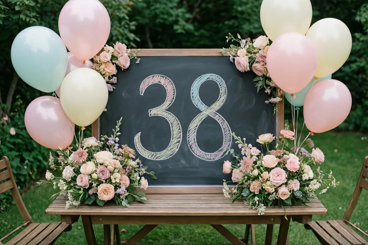 Een krijtbord met 38 in gekleurd krijt staat op een houten tuintafel tussen bloemstukken en pastelballonnen, met groen op de achtergrond.