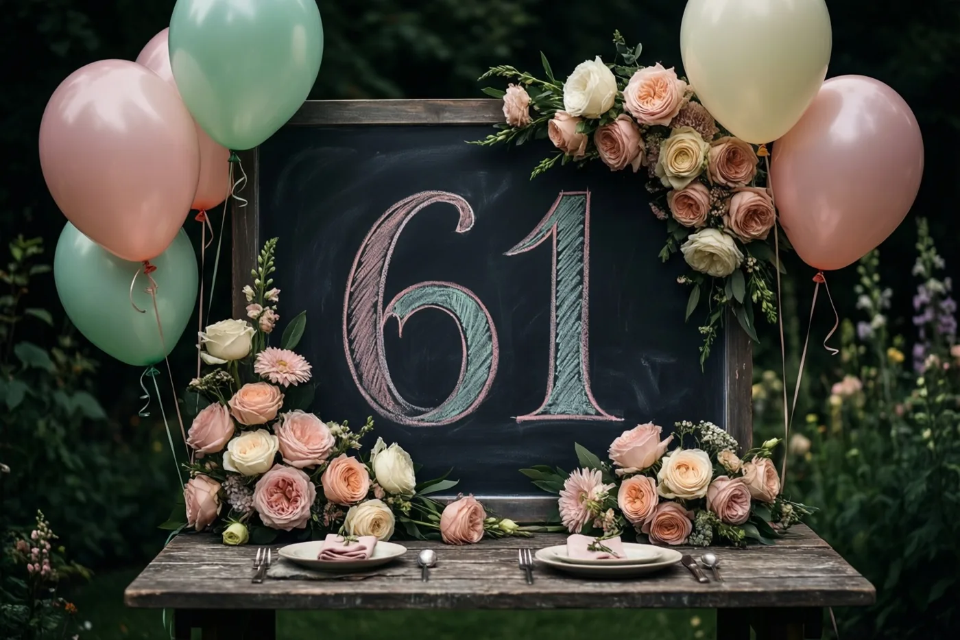 Een krijtbord met 61 in gekleurd krijt staat op een houten tuintafel tussen bloemstukken en ballonnen in zachte pastelkleuren.