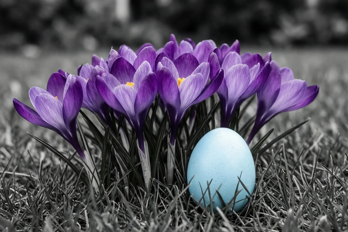 Paarse krokussen bloeien in het gras rond een lichtblauw paasei, met de bloemen en het ei in kleur tegen een zwart-witte achtergrond.