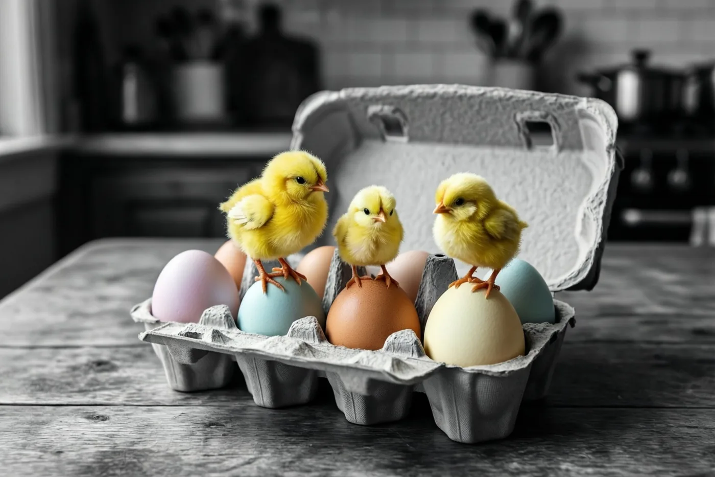 Drie gele minikuikentjes zitten op pastelkleurige eieren in een open kartonnen eierdoos op een houten keukentafel, waarbij kuikentjes en eieren gekleurd zijn tegen een zwart-witte achtergrond.