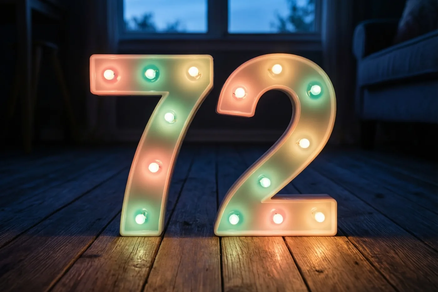 Brandende gekleurde lampjes vormen 72 op een donkere houten vloer in een kamer met een raam bij nacht.