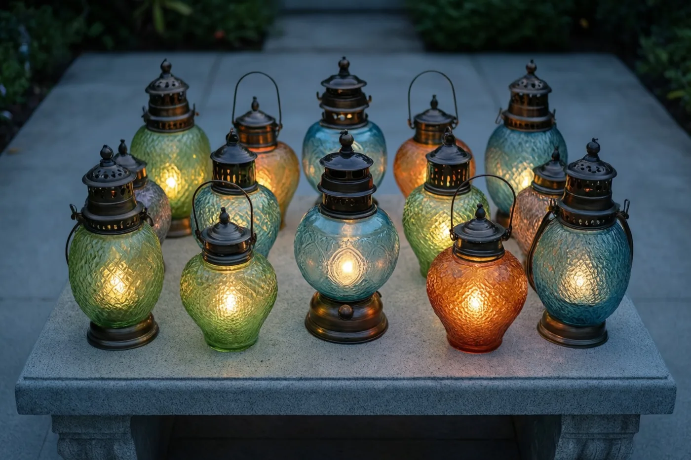 Gekleurde glazen lantaarns met brandende lichtjes staan op een lage stenen tafel buiten in de avond.