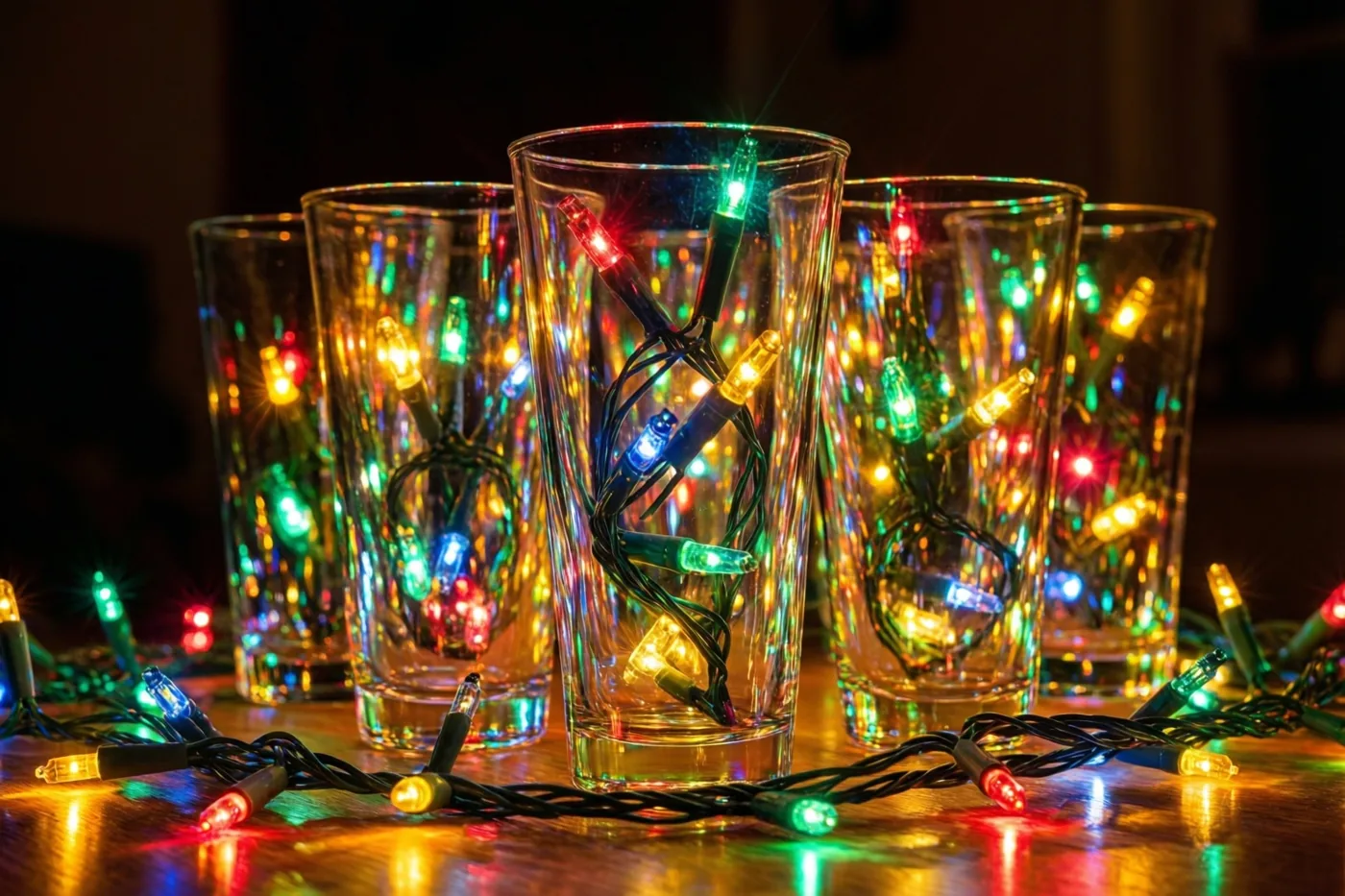 Een rij heldere drinkglazen met verstrengelde, kleurrijke lichtsnoertjes staat op een houten oppervlak met rode, groene en gele weerspiegelingen.
