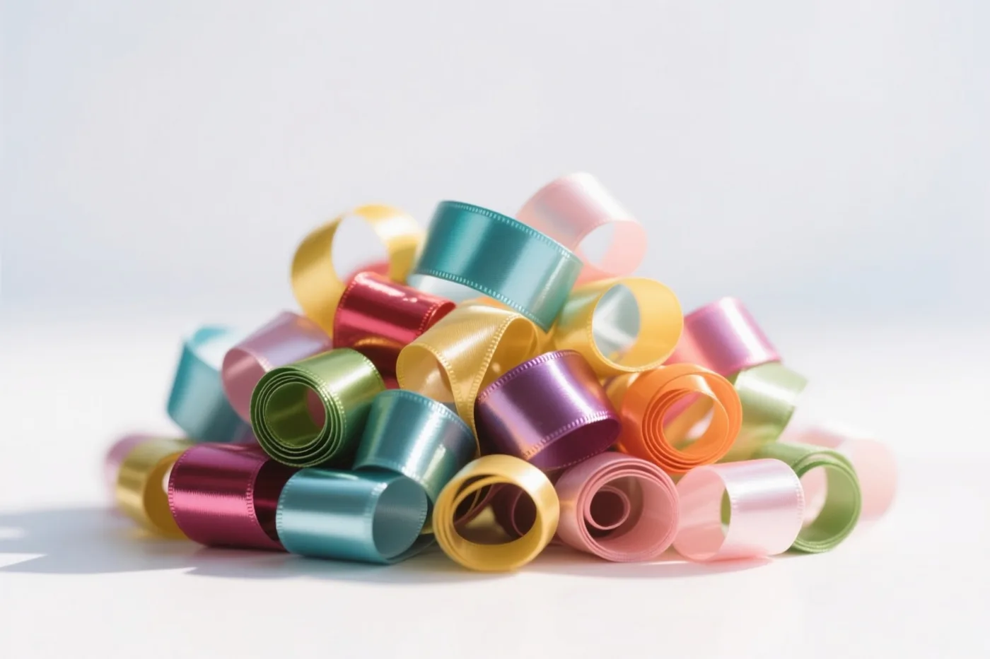 Een hoop glanzende gekrulde linten, vooral in roze, geel en blauwgroen, ligt op een witte ondergrond.