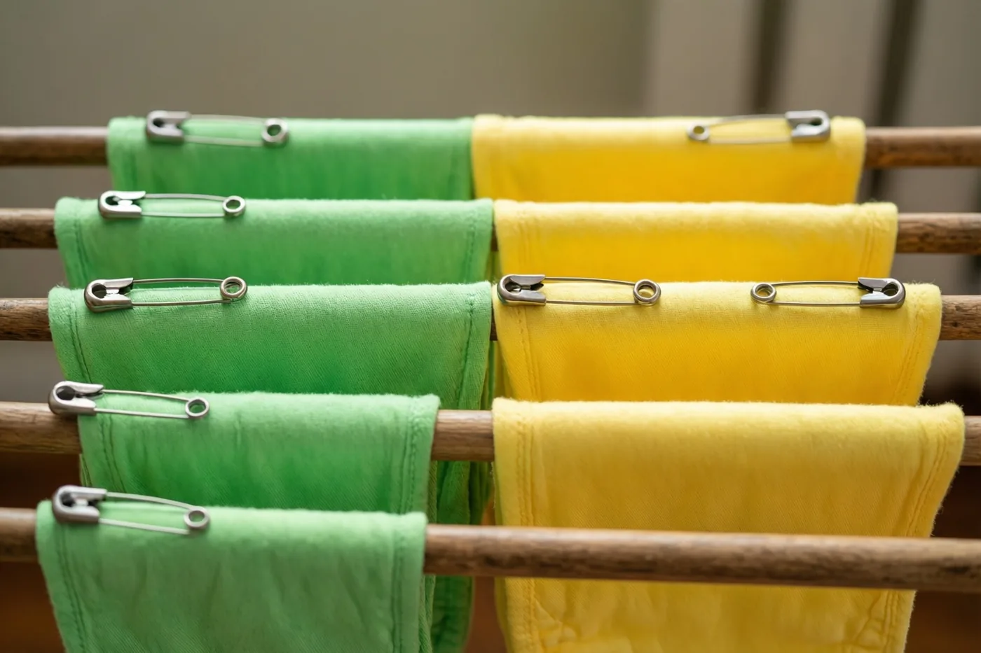 Groene en gele stoffen luiers hangen met grote veiligheidsspelden aan een houten droogrek, binnen bij zacht daglicht tegen een neutrale achtergrond.