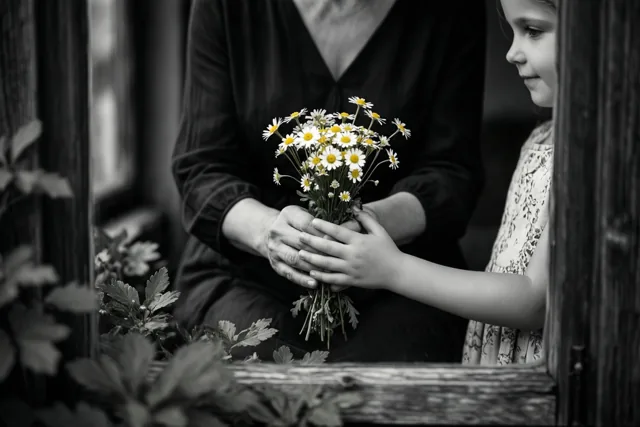 Een moeder en kind houden samen een klein bosje madeliefjes vast binnen een houten raam- of deuromlijsting, in zwart-wit met alleen de bloemen in kleur.