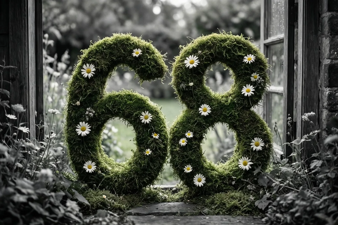 Een groen mosframe in de vorm van 68 met witte madeliefjes staat in een landelijke tuin met een houten raamkozijn, waarbij mos en bloemen in kleur afsteken tegen een monochrome achtergrond.