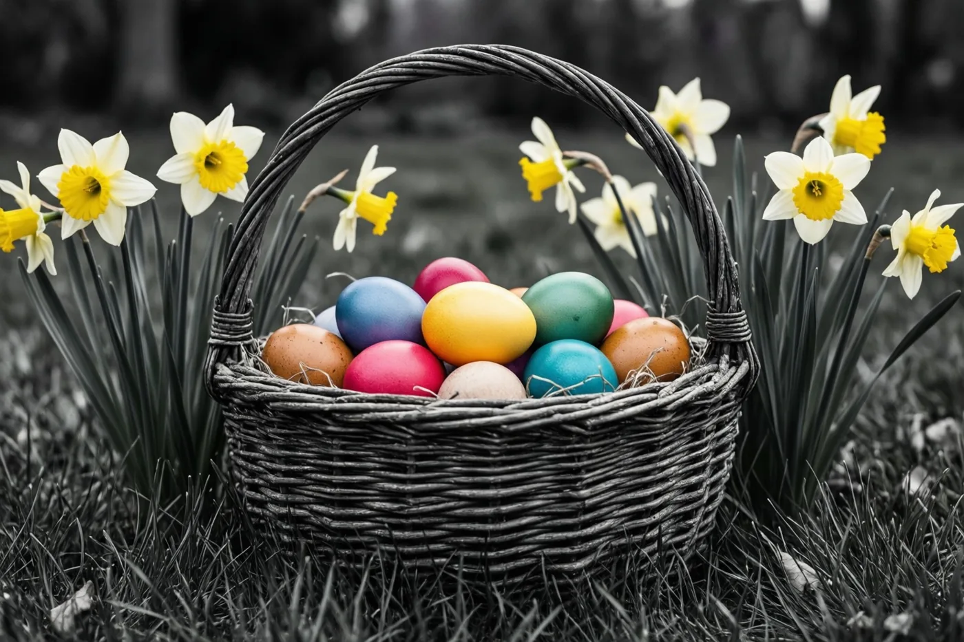 Een rieten mand met gekleurde paaseieren staat op een gazon tussen bloeiende narcissen, waarbij de eieren en bloemen kleur hebben tegen een zwart-witte achtergrond.