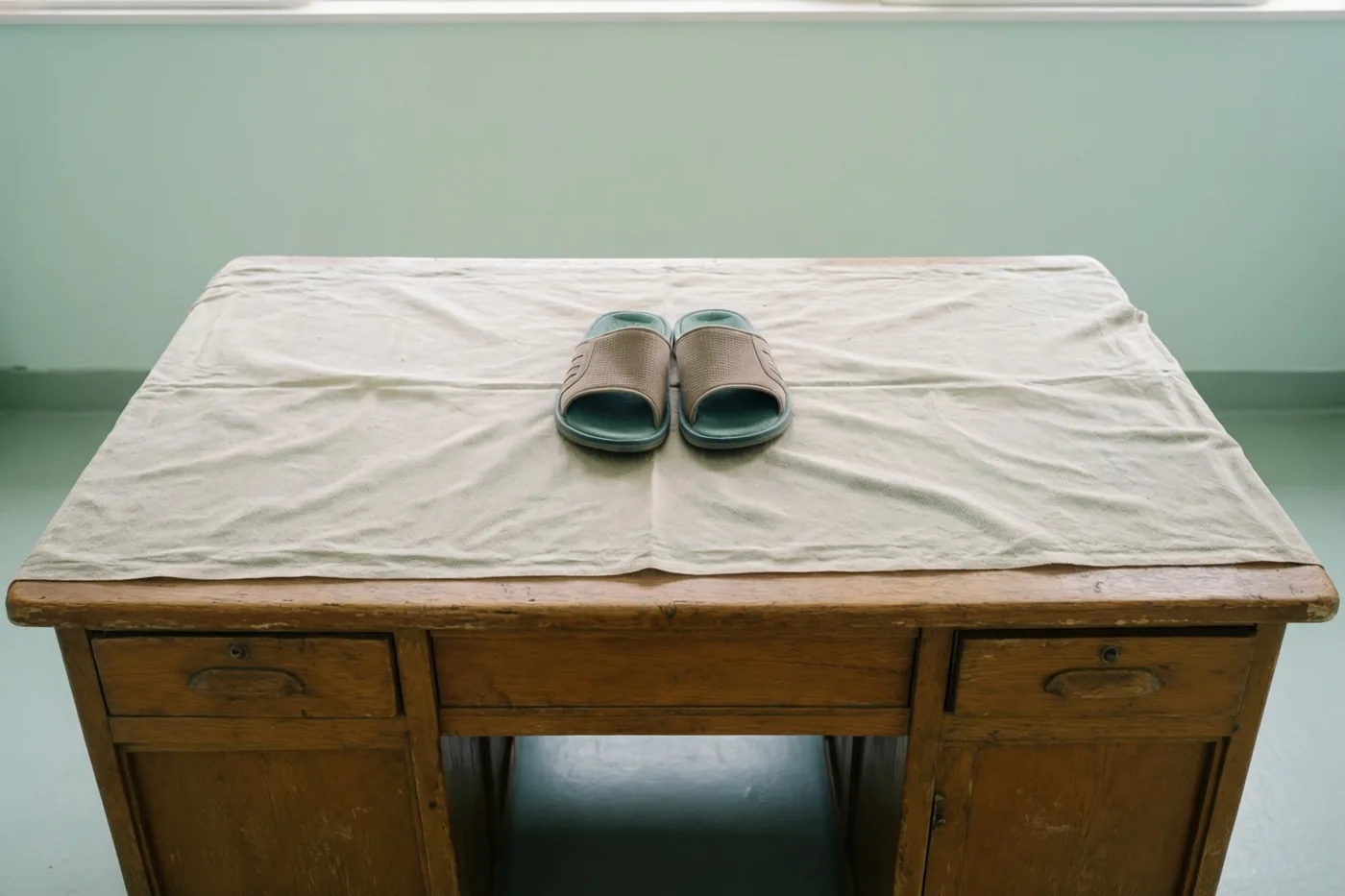 Een paar bruine en blauwgroene pantoffels ligt op een witte doek over een oud houten bureau in een kamer met lichtgroene muren en vloer.