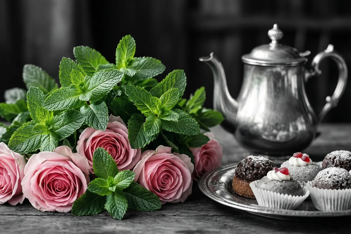 Roze rozen en groene muntblaadjes staan naast een zilveren theepot en een schaal zoetigheden op donker hout, met de bloemen en munt in levendige kleuren tegen een monochrome achtergrond.