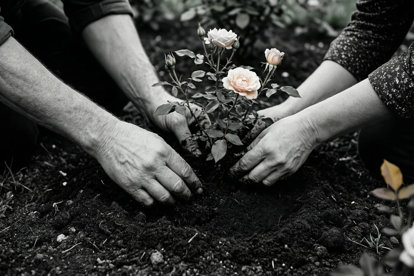 Twee paar handen planten een kleine rozenstruik in donkere tuinaarde, waarbij de rozen in kleur zijn en de rest van het beeld grotendeels monochroom is.