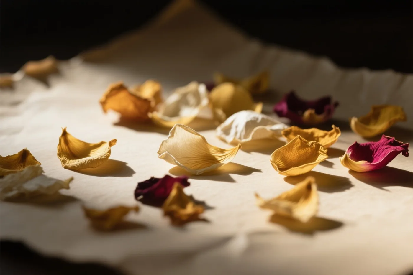 Gele, witte en magenta gedroogde rozenblaadjes liggen verspreid over gebroken wit handgeschept papier in warm gericht licht met zachte schaduwen.