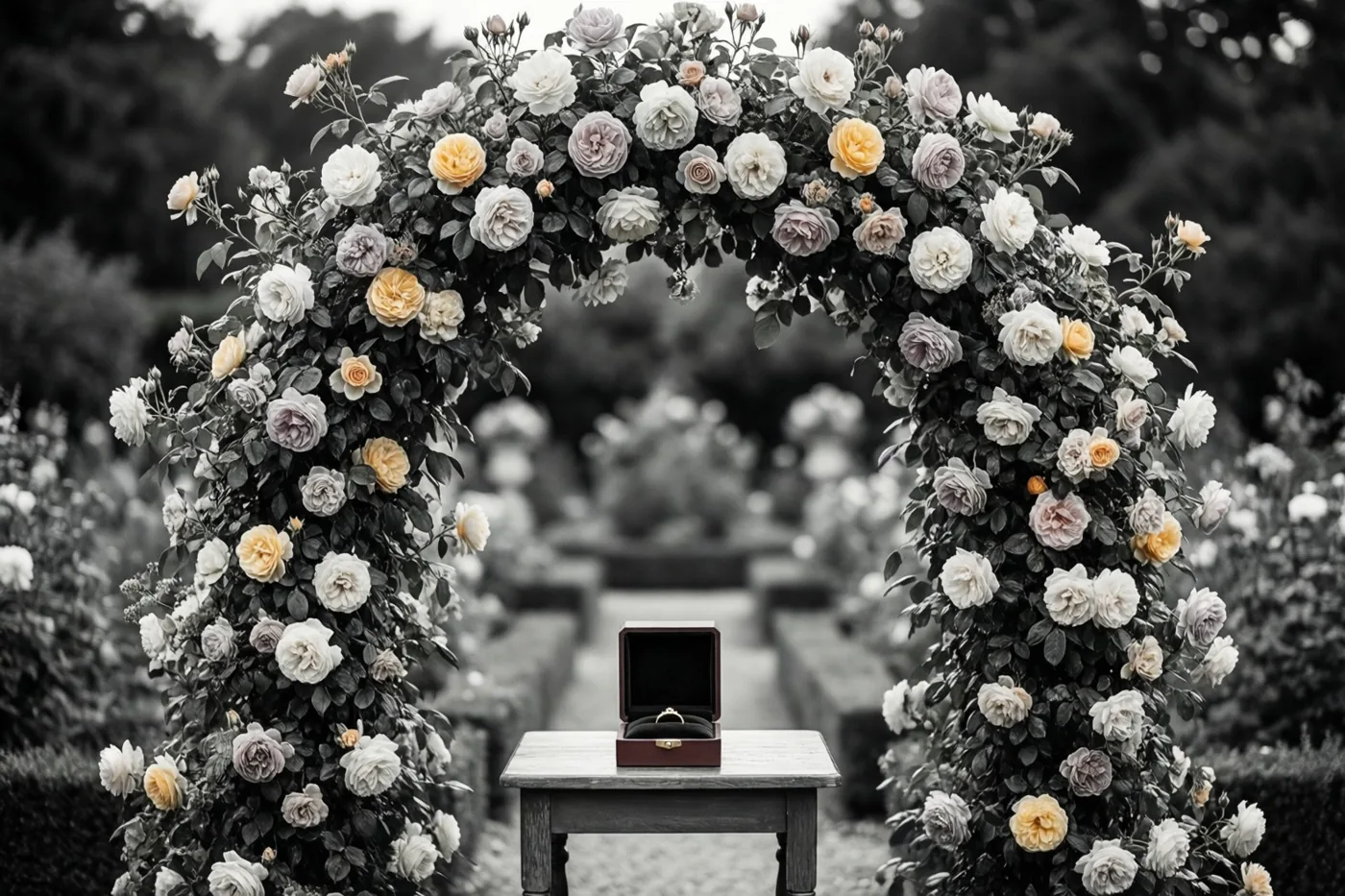 Een boog van witte, lichtgele en lavendelkleurige rozen omlijst een tafeltje met een open ringdoosje in een tuin, terwijl de achtergrond in zwart-wit is weergegeven.