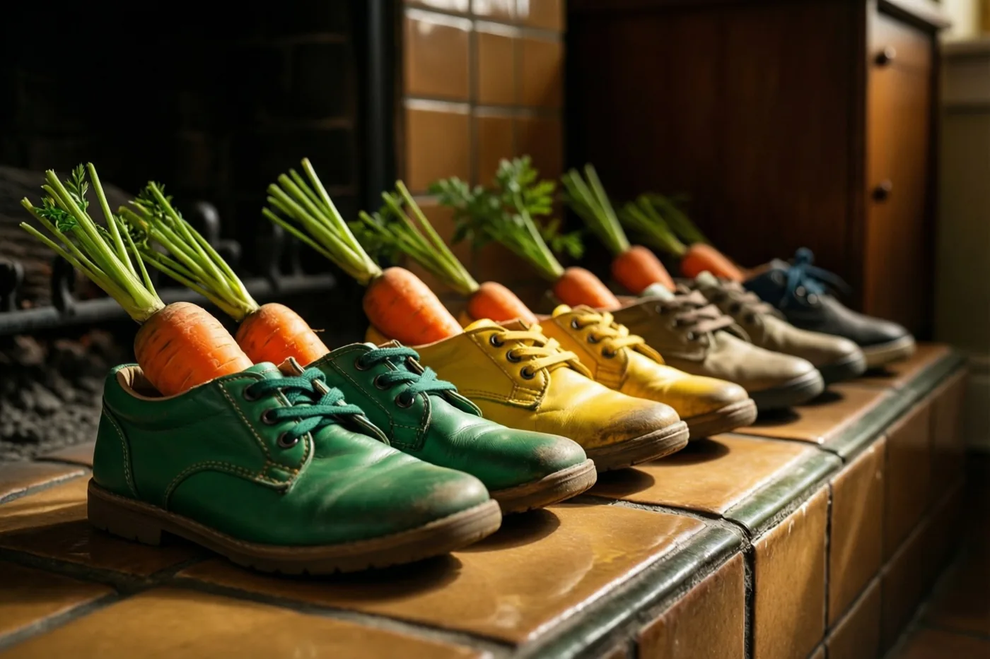 Verschillend gekleurde kinderschoenen met wortels met loof staan op een rij bij een haard met betegelde ombouw, in warm licht.