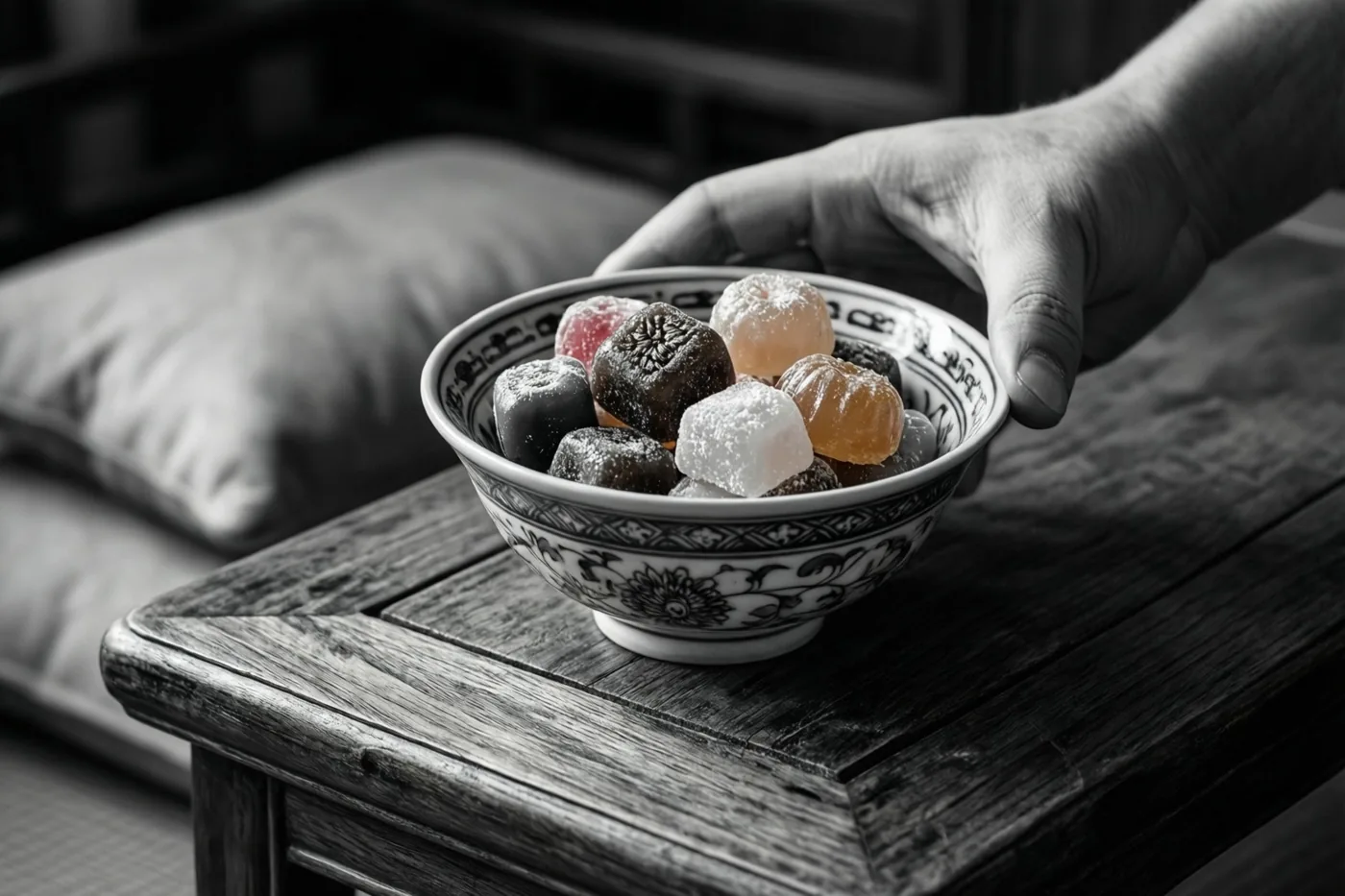 Een hand houdt een keramieken kom met verschillende zoetigheden op een lage houten tafel met kussens erachter, waarbij de snoepjes kleur hebben in een verder vrijwel monochroom beeld.