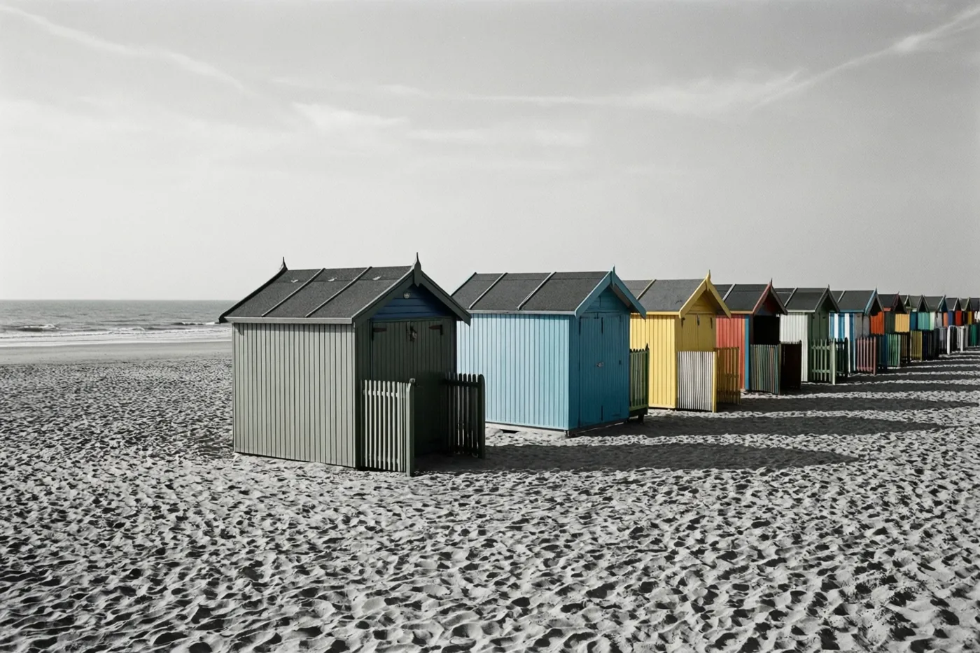 Een rij kleurrijke strandcabines staat op een zandstrand met de zee erachter, terwijl het strand en de hemel in zwart-wit zijn weergegeven.