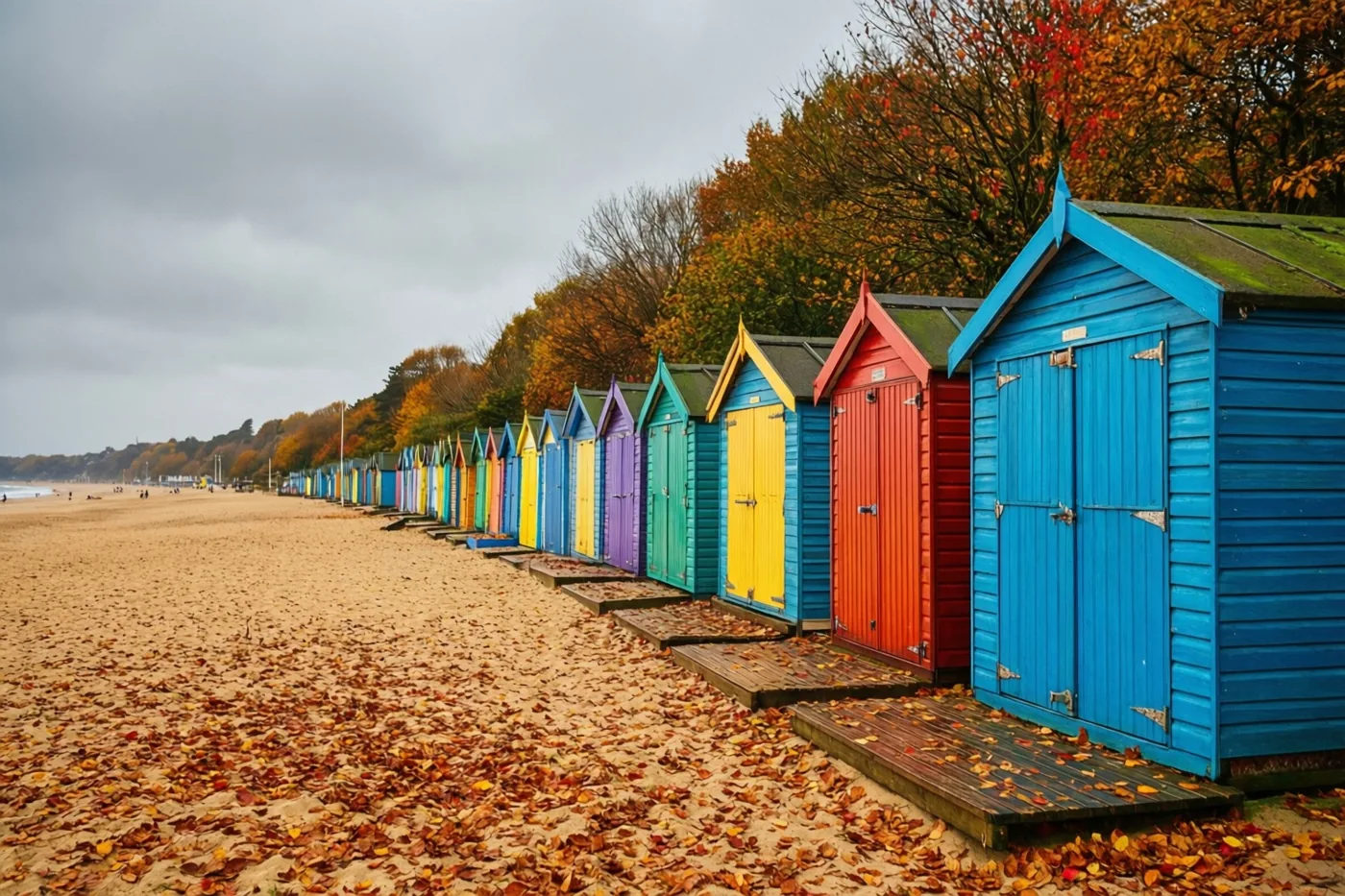 Felgekleurde strandhuisjes staan op een verlaten zandstrand met gevallen herfstbladeren, onder een grijze hemel met herfstbomen op de achtergrond.