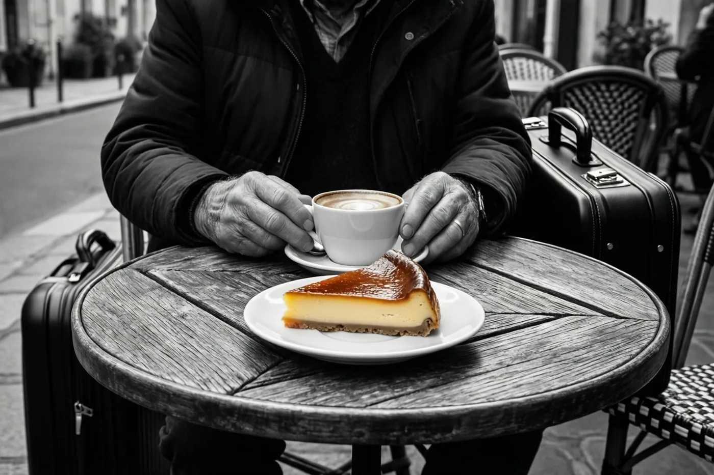 Een oudere persoon houdt met beide handen een kop koffie vast aan een houten cafétafel op een terras, naast een stuk gekaramelliseerde custardtaart dat als enige warme kleuren heeft in de zwart-witfoto.