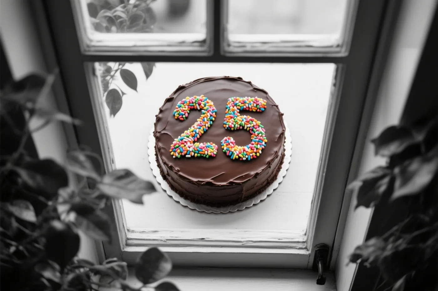 Een ronde chocoladetaart met 25 van gekleurde suikerstrooisels staat op een vensterbank, van bovenaf gezien, met de taart in kleur en de omgeving grotendeels in zwart-wit.