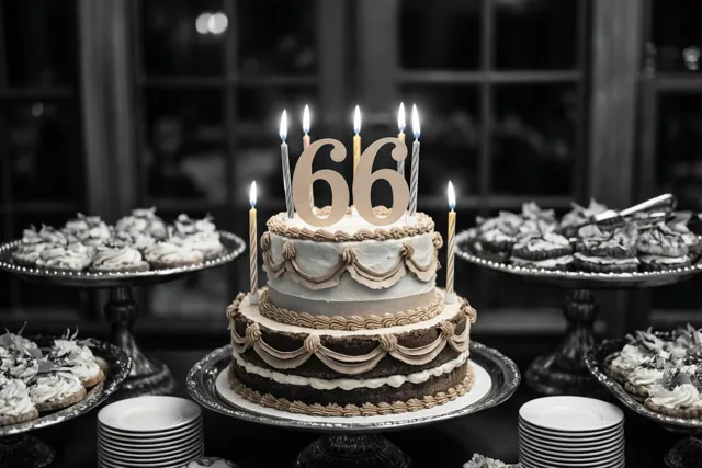 Een taart met twee verdiepingen, een papieren 66 en brandende kaarsjes staat op een zilveren voet bij een buffet, waarbij taart en kaarsjes in kleur afsteken tegen een zwart-witte omgeving.