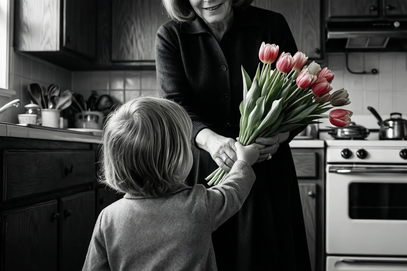 Een kind geeft een boeket tulpen aan een vrouw in een keuken, waarbij alleen de tulpen in kleur zijn en de rest van het beeld in zwart-wit is.