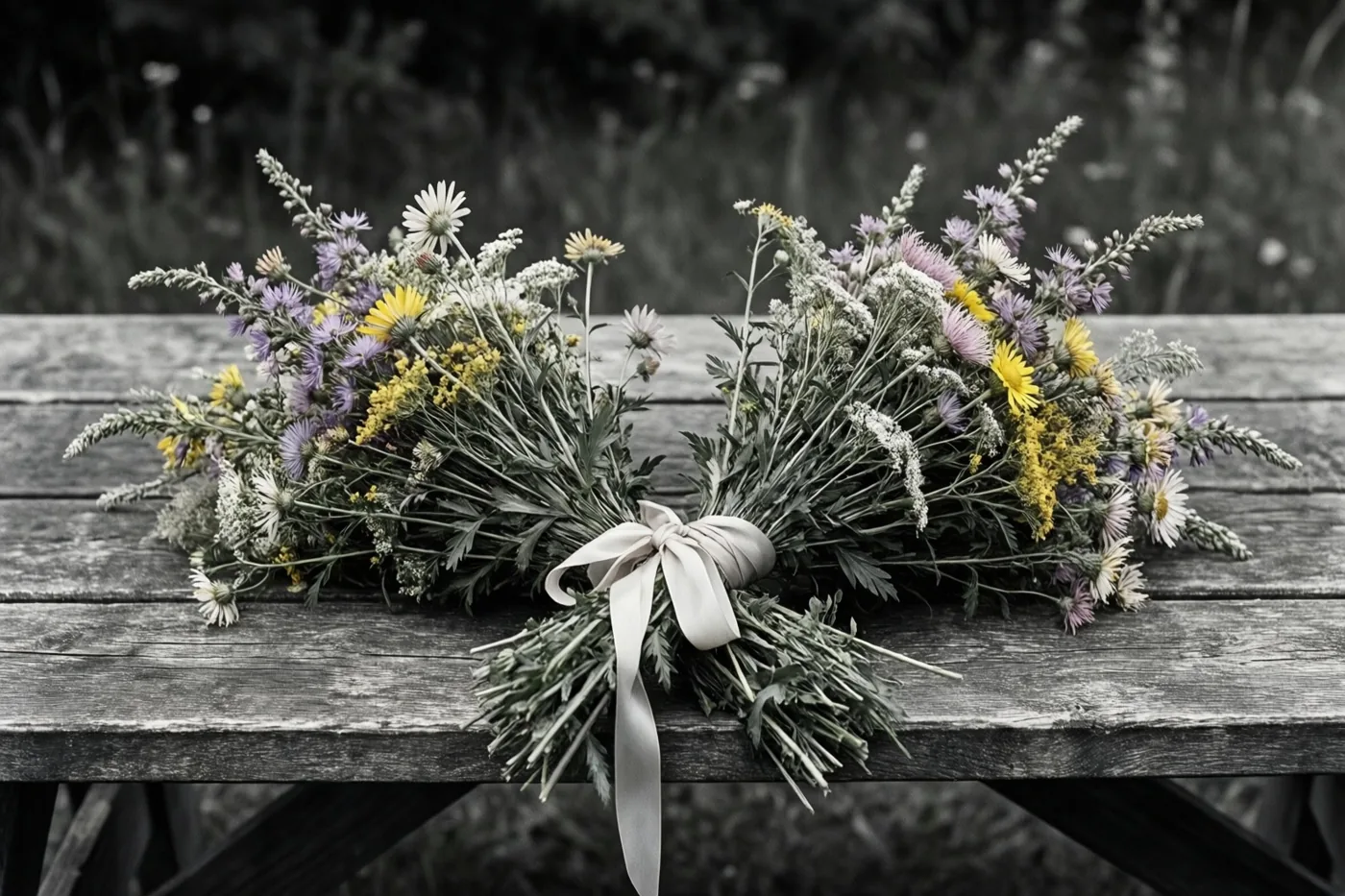 Twee bosjes veldbloemen met gele, paarse en witte bloemen zijn samengebonden met één crèmekleurig lint op een verweerde houten picknicktafel, met de bloemen in kleur tegen een zwart-witte omgeving.
