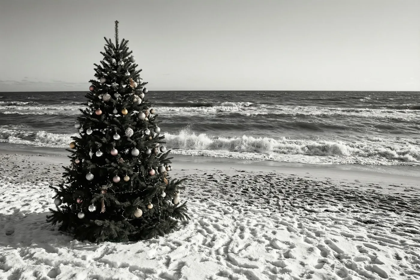 Een versierde dennenboom staat op een besneeuwd zandstrand voor aanrollende golven, in een zwart-witbeeld waarin alleen de versieringen kleur hebben.