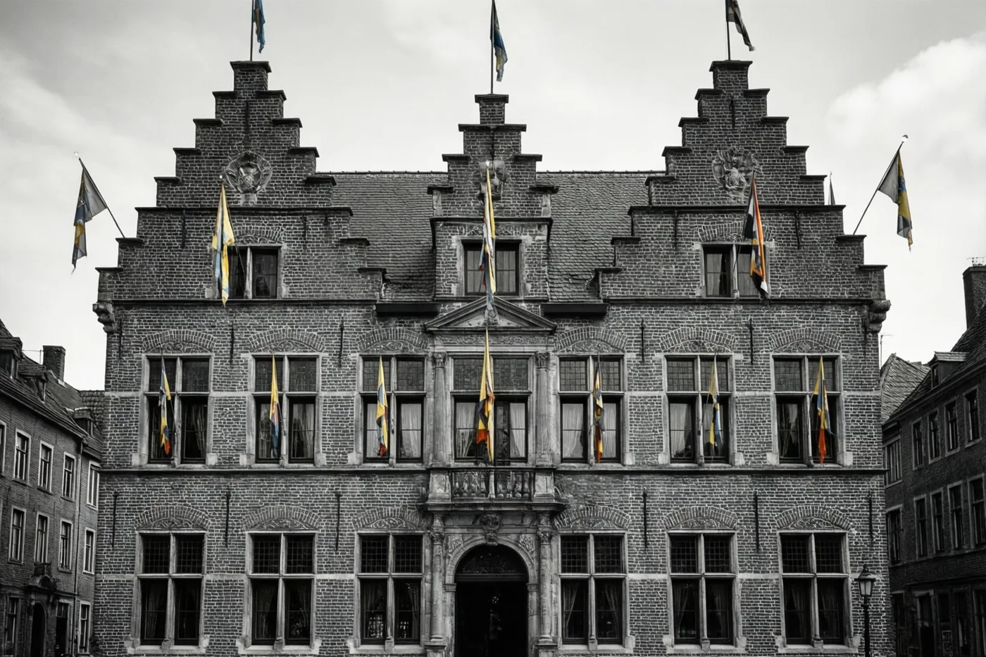 Een zwart-witbeeld toont een bakstenen stadhuis met trapgevels en veel ramen onder een bewolkte hemel, waarbij alleen de carnavalsvlaggen gekleurd zijn.
