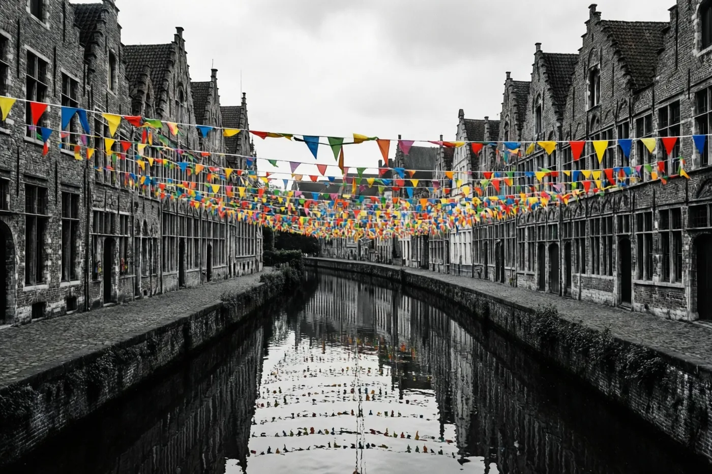 Kleurrijke driehoekige vlaggetjes hangen boven een kanaal tussen oude Vlaamse bakstenen gebouwen en weerspiegelen in het water, terwijl de rest van het beeld monochroom is.