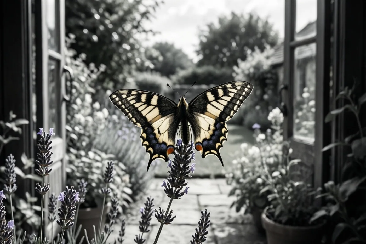 Een dagpauwoog rust met open vleugels op een lavendelaar in een zonnige landelijke tuin, waarbij de vlinder en de lavendel kleur behouden in een verder zwart-wit beeld.