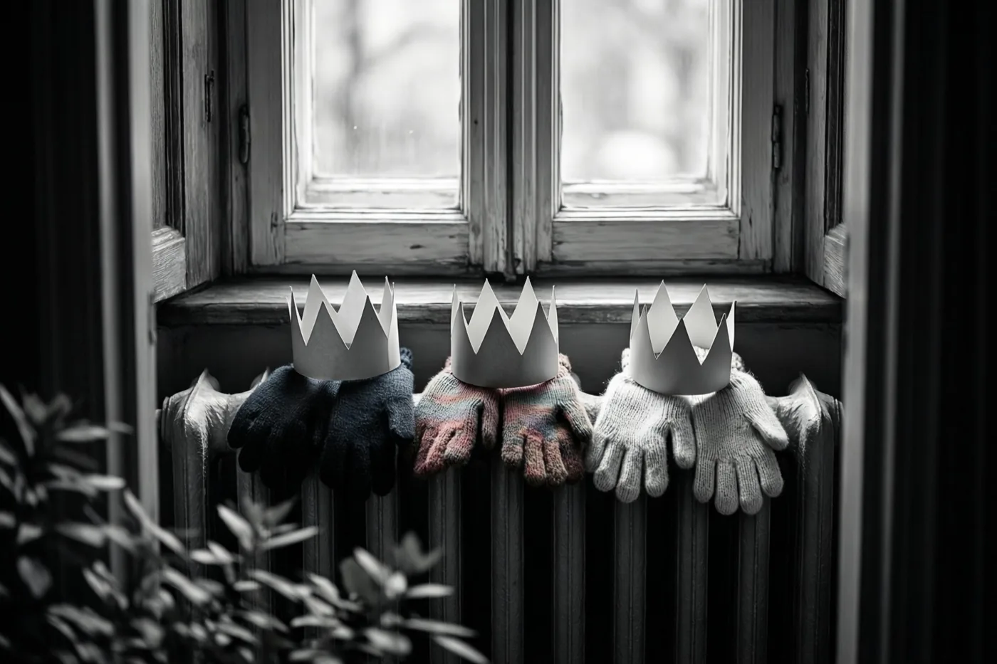Drie paar gekleurde kinderwanten met papieren kronen liggen op een radiator onder een raam in een verder zwart-wit beeld.