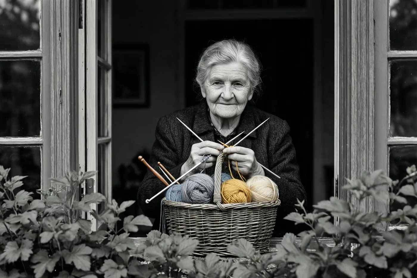 Een oudere vrouw zit aan een raam met breinaalden en garen en een rieten wolmand voor zich, in een zwart-witbeeld met gekleurde wol.
