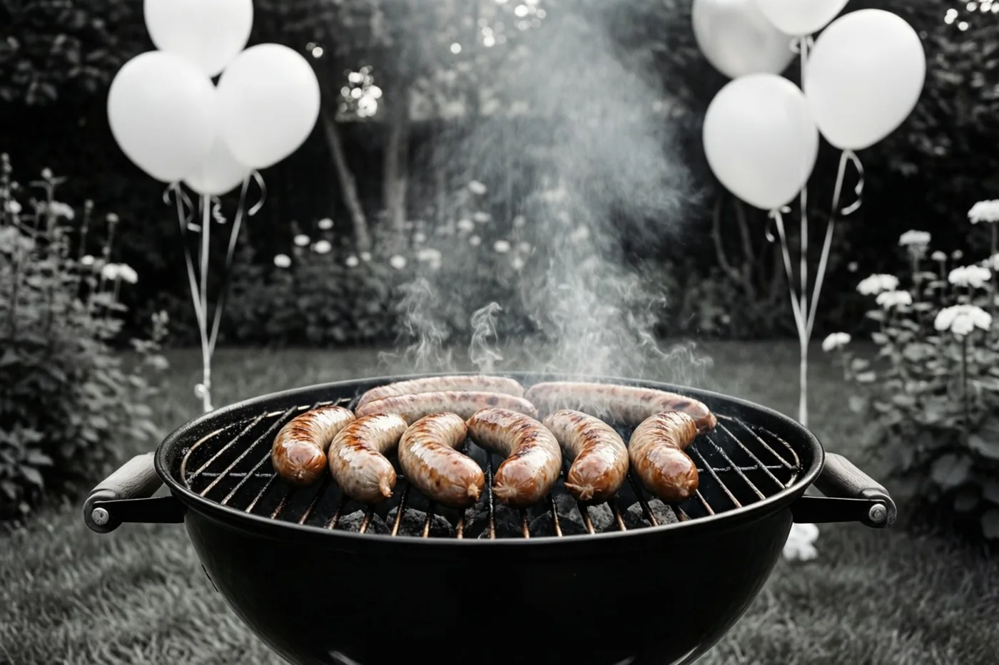 Worstjes bakken op een zwarte barbecue in een tuin met witte ballonnen op de achtergrond, waarbij alleen de worstjes in kleur zijn en de rest in zwart-wit.