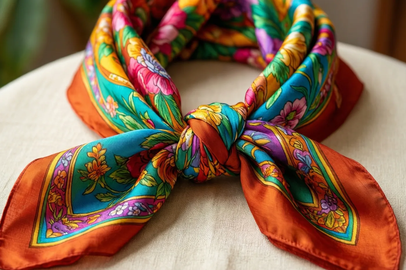 Twee zijden sjaals met bloemenpatronen in oranje, blauwgroene, roze en paarse tinten zijn aan elkaar geknoopt op crèmekleurig linnen.