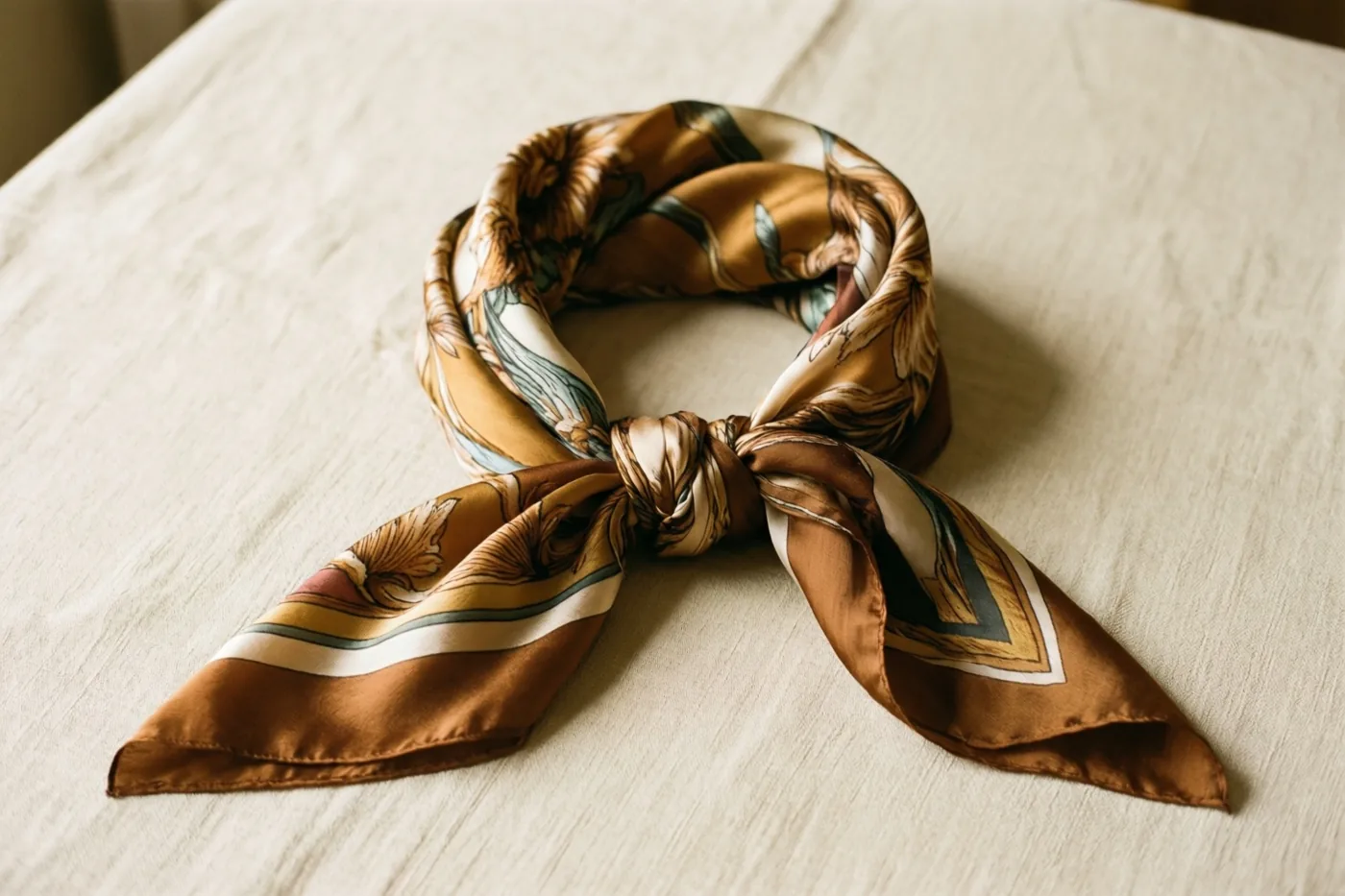 Een zijden sjaal met bloemenpatroon in bruine, crèmekleurige en blauwgroene tinten ligt met een knoop in het midden op crèmekleurig linnen.