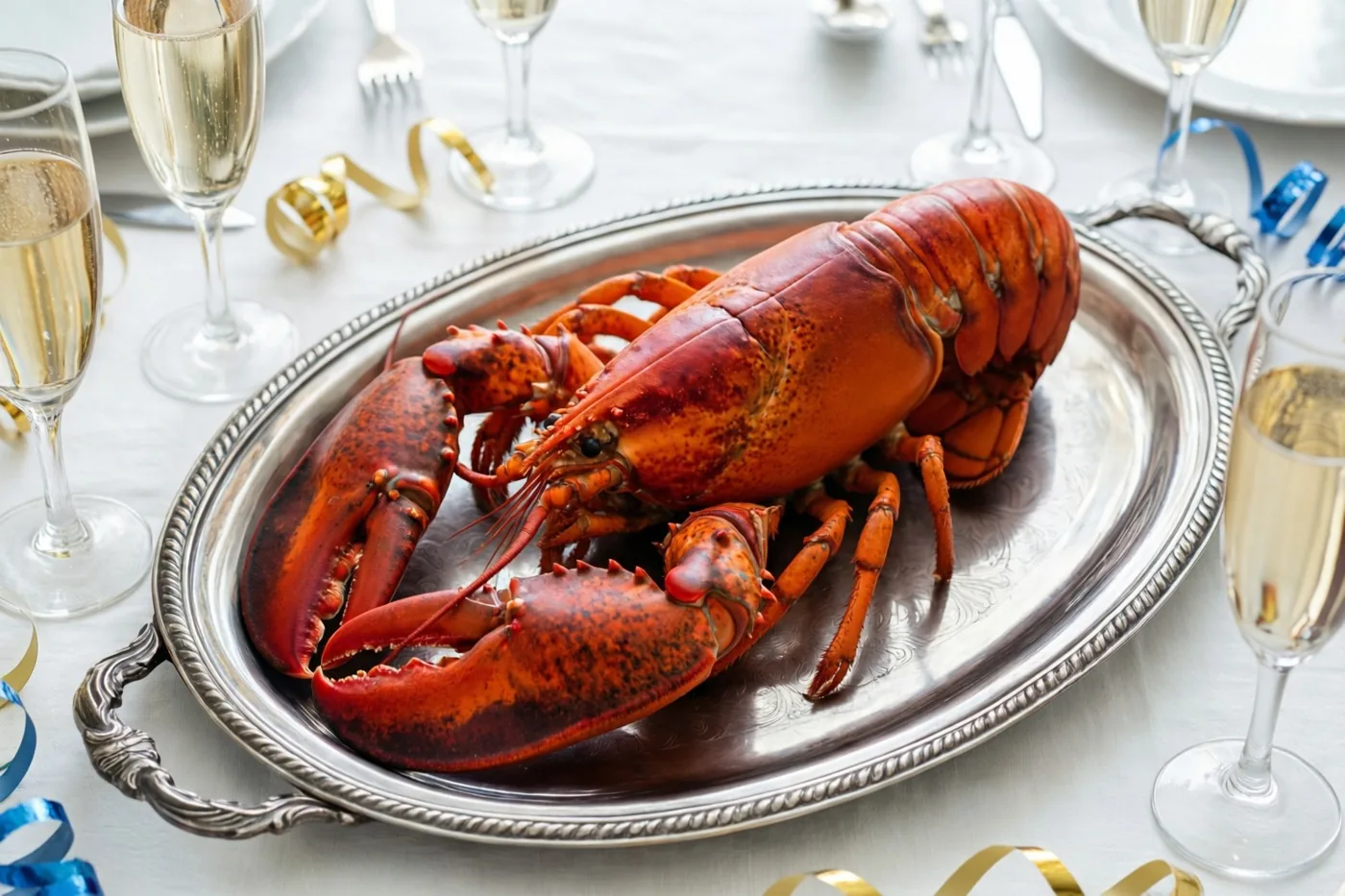 Een hele gekookte kreeft ligt op een zilveren schaal tussen champagneglazen en kleurrijke slingers, in een helder beeld met rode, zilveren en gouden tinten.