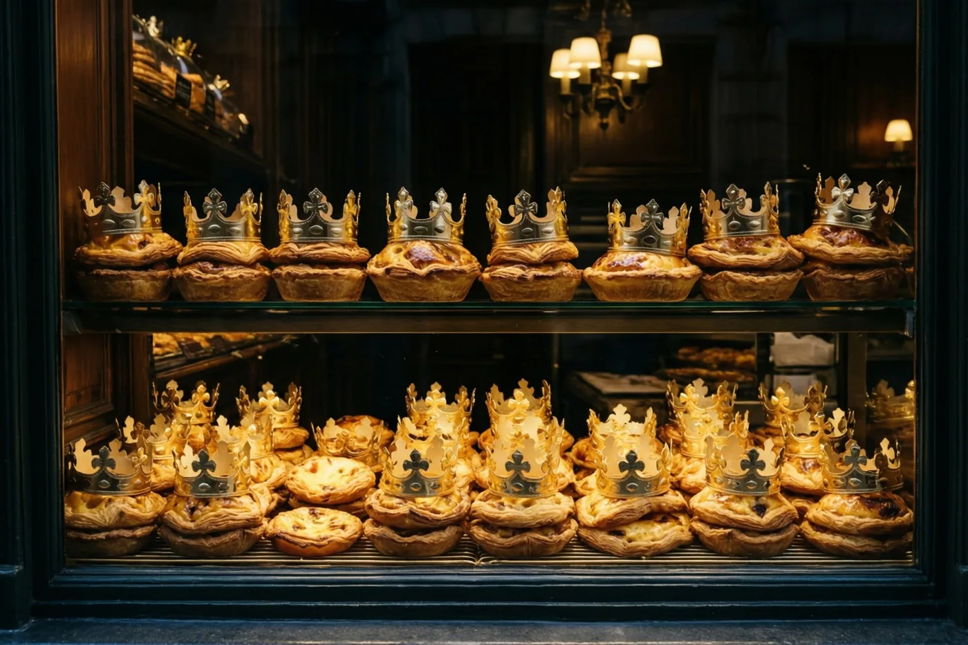 In een warm verlichte bakkersvitrine met een donkere houten omlijsting staan op twee planken goudbruine gebakjes, elk met een papieren kroon.