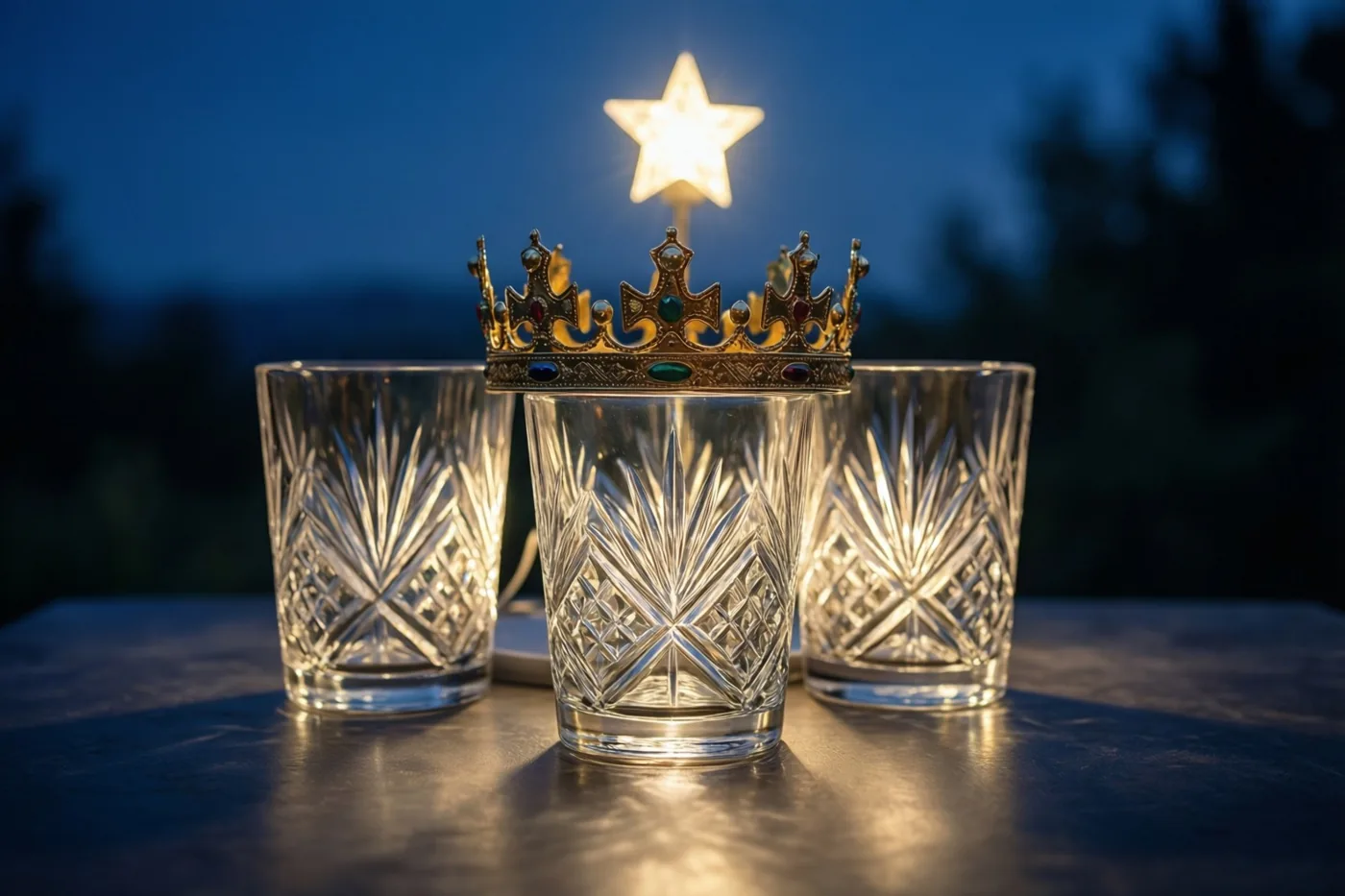 Drie kristallen glazen staan op een donkere tafel onder een lichtgevende ster, met een gouden kroon op het middelste glas en een donkerblauwe schemerachtergrond.
