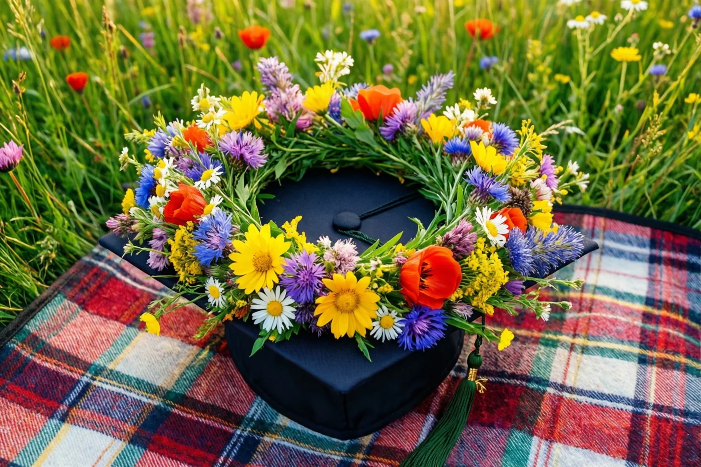 Een afstudeerhoed met een kleurrijke kroon van wilde bloemen ligt op een rood-blauw-wit geruite picknickdeken in een zonnige weide.
