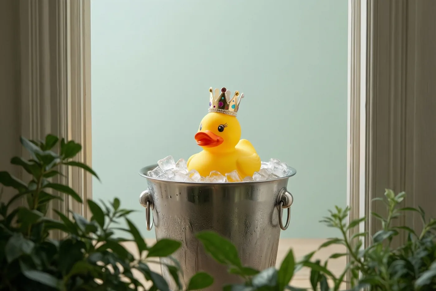 Een gele badeend met een kroon met edelstenen drijft in een zilveren ijsemmer vol ijsblokjes bij een raam, met groene planten op de voorgrond.