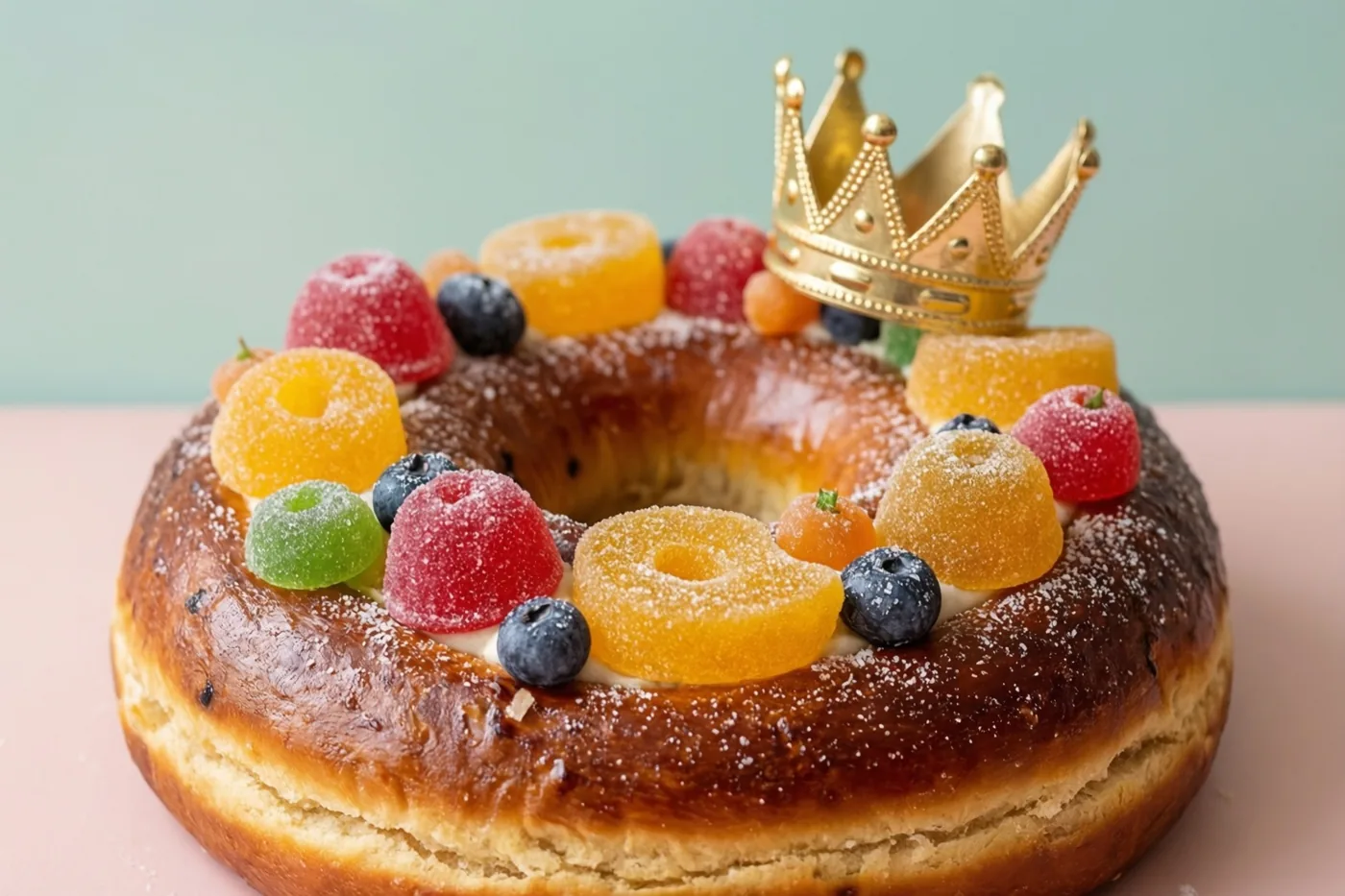 Een goudbruine ringvormige cake met kleurrijke gekonfijte vruchten en een klein gouden kroontje staat op een lichtroze ondergrond tegen een zacht blauwgroene achtergrond.