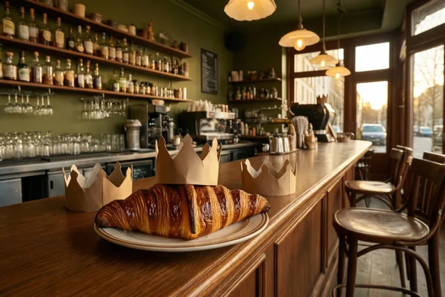 Een goudbruine croissant met een papieren kroon ligt op een wit bord op een houten cafétoog, met twee kronen ernaast, groene muren en hanglampen op de achtergrond.