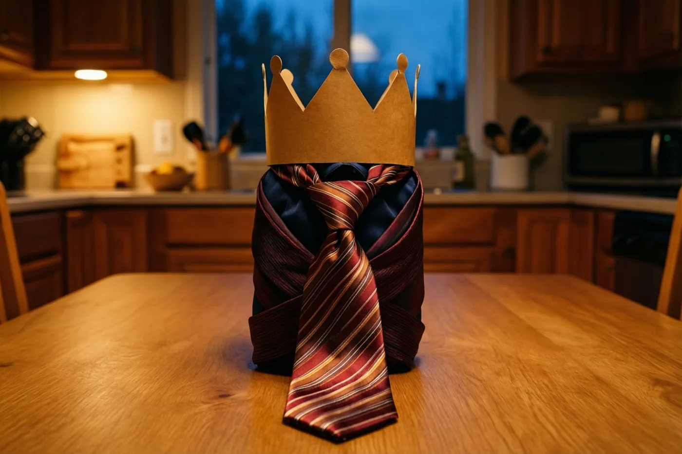 Een als cadeau ingepakte das met een papieren kinderkroon erbovenop ligt op een houten tafel in een warm verlichte keuken, met blauwe avondtinten achter het raam.