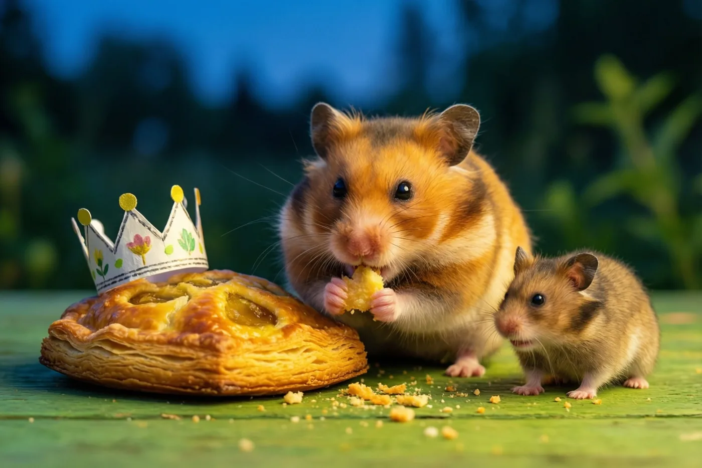 Een hamster met een papieren kroon knabbelt aan een kruimel van een goudbruine galette op een groene houten ondergrond terwijl een kleinere hamster toekijkt, buiten bij schemering voor een wazige groenblauwe achtergrond.